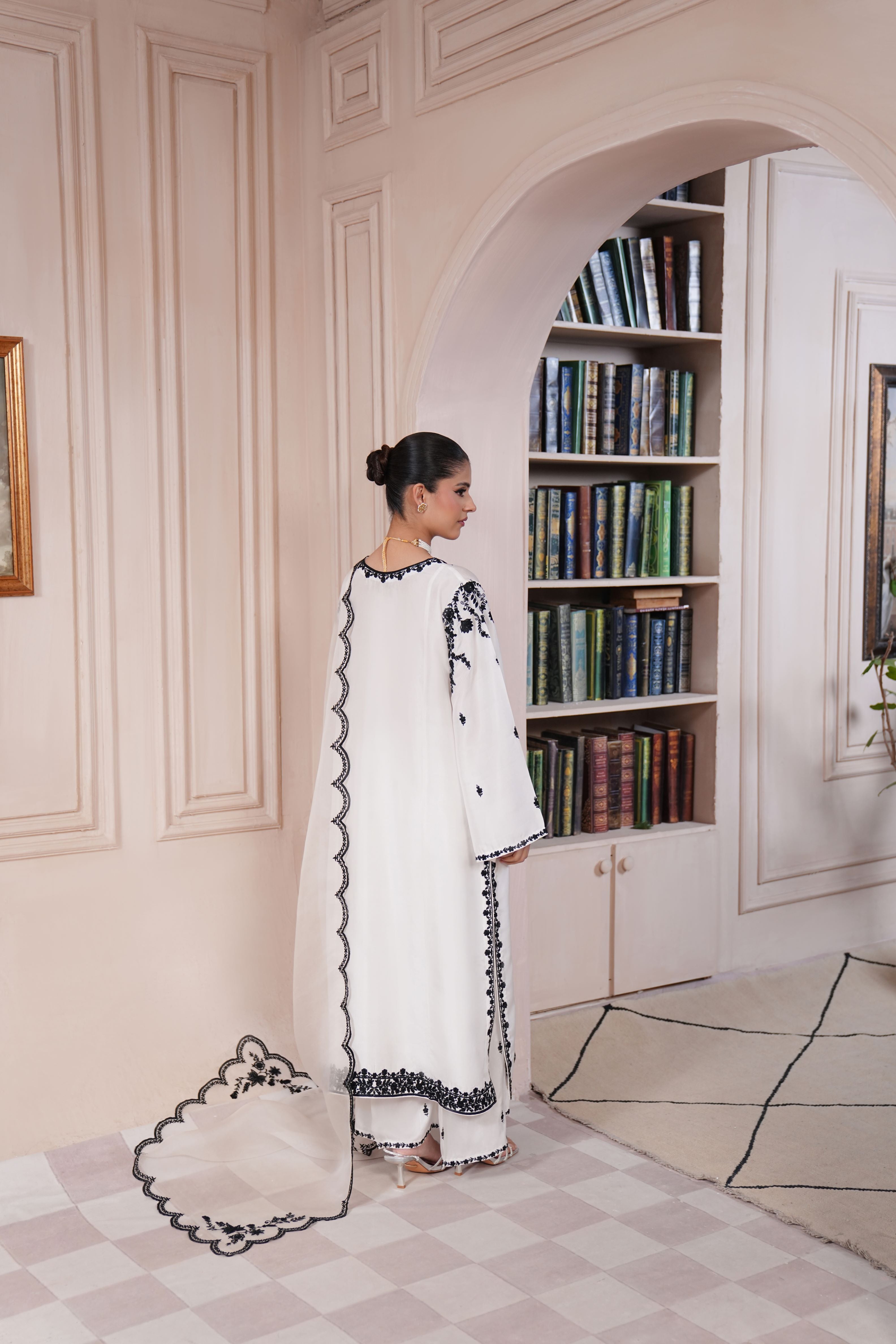 Pearl White Embroidered Raw Silk Salwar Kameez (3-Piece) - Image 4