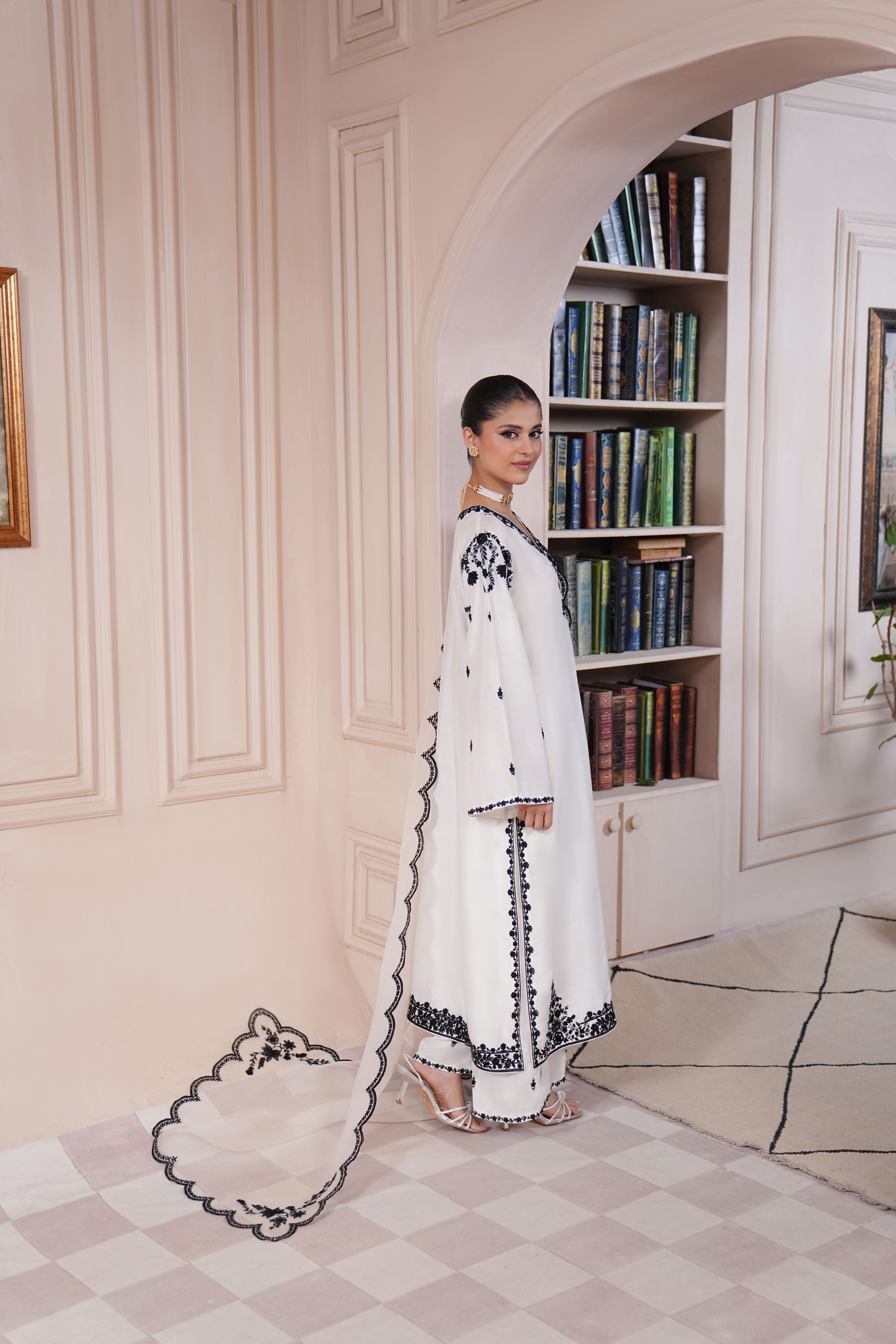 Pearl White Embroidered Raw Silk Salwar Kameez (3-Piece) - Image 5