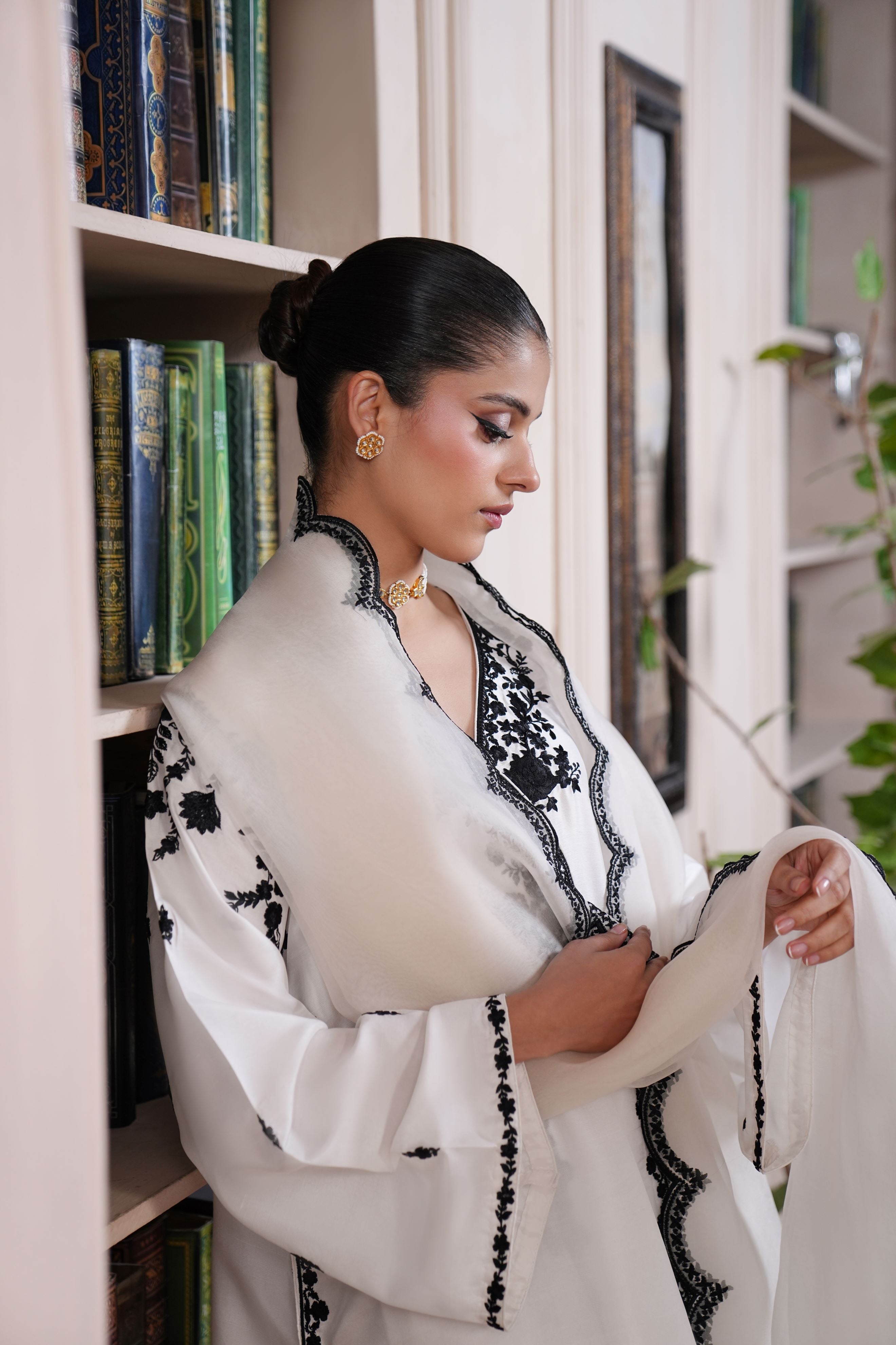 Pearl White Embroidered Raw Silk Salwar Kameez (3-Piece) - Image 6