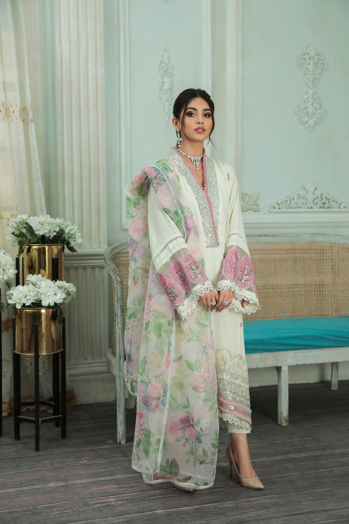 Pearl White Embroidered Korean Raw Silk Suit (3-Piece) - Image 1