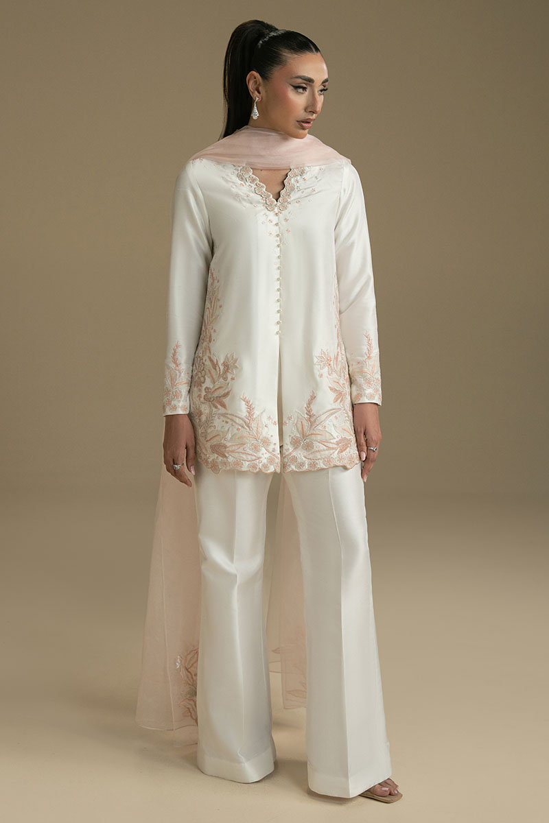 Pakistani White Embroidered Satin-Silk Salwar Kameez (3-Piece) - Image 2