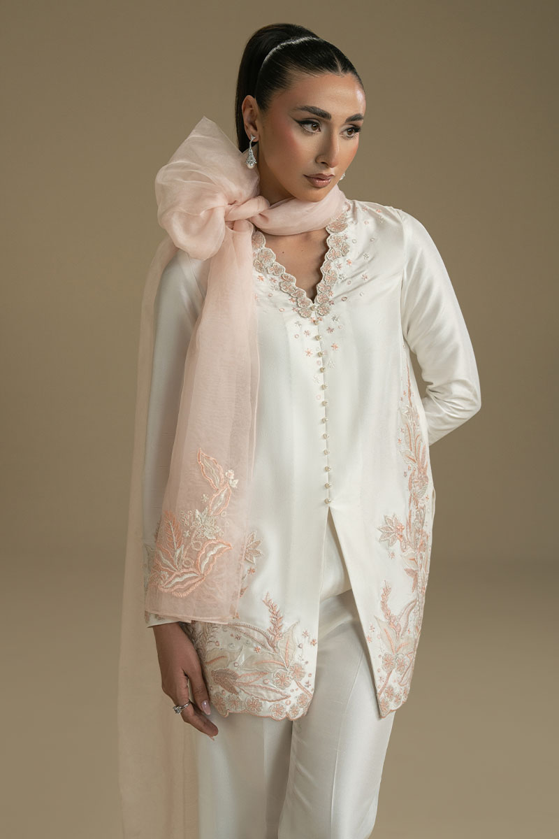 Pakistani White Embroidered Satin-Silk Salwar Kameez (3-Piece) - Image 3
