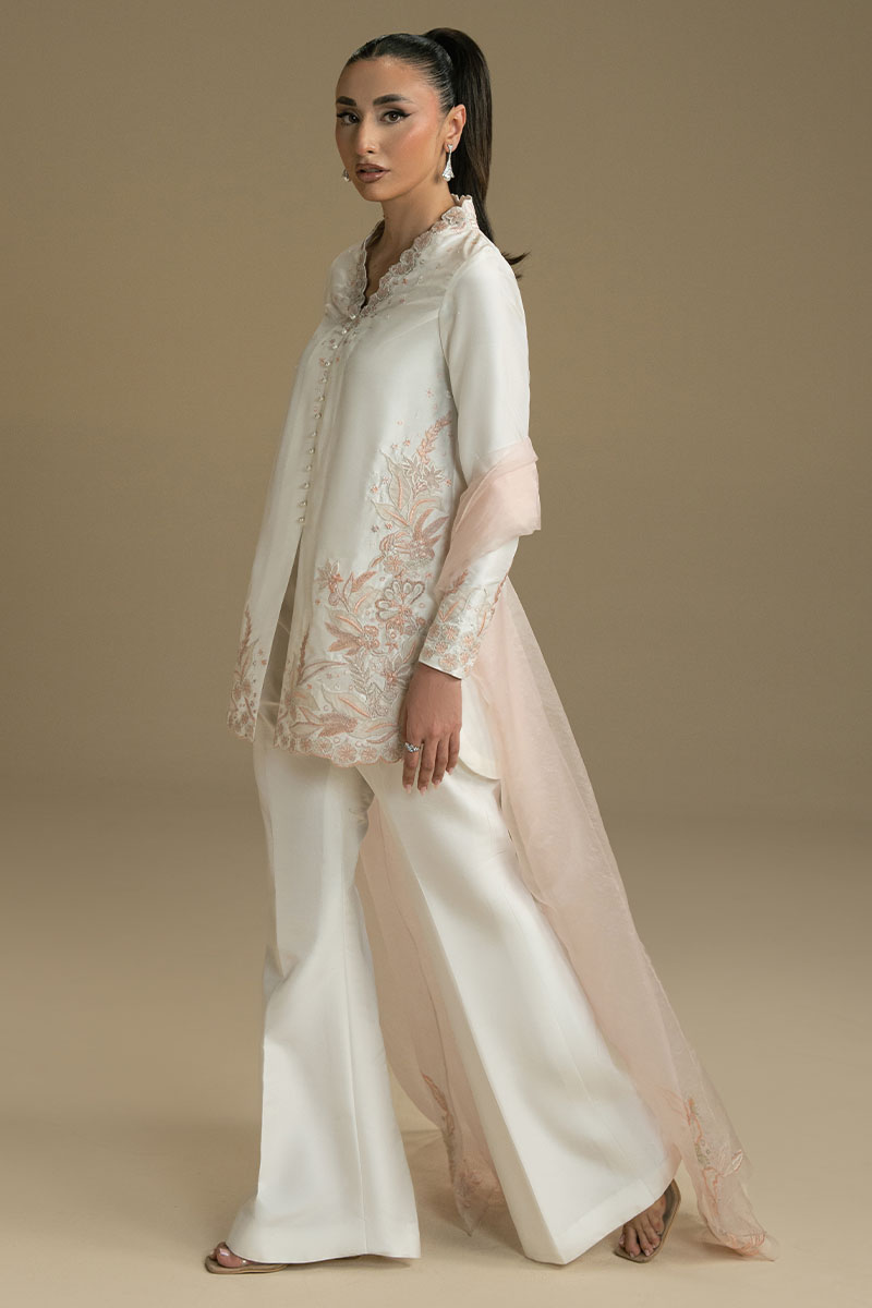 Pakistani White Embroidered Satin-Silk Salwar Kameez (3-Piece) - Image 4