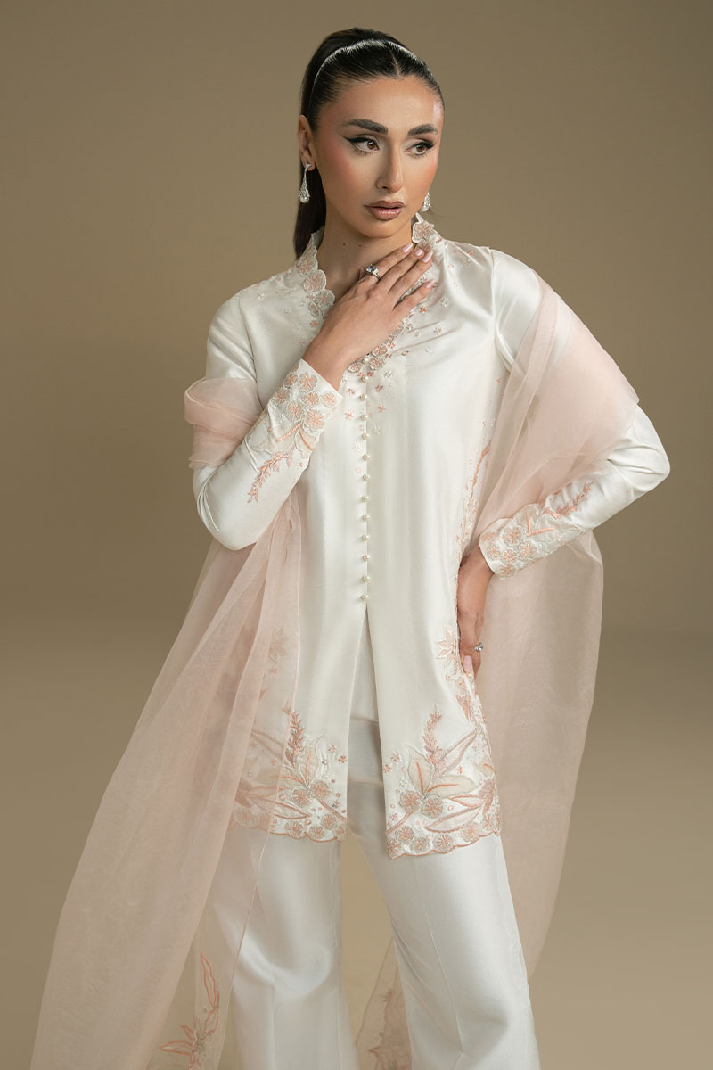 Pakistani White Embroidered Satin-Silk Salwar Kameez (3-Piece) - Image 6