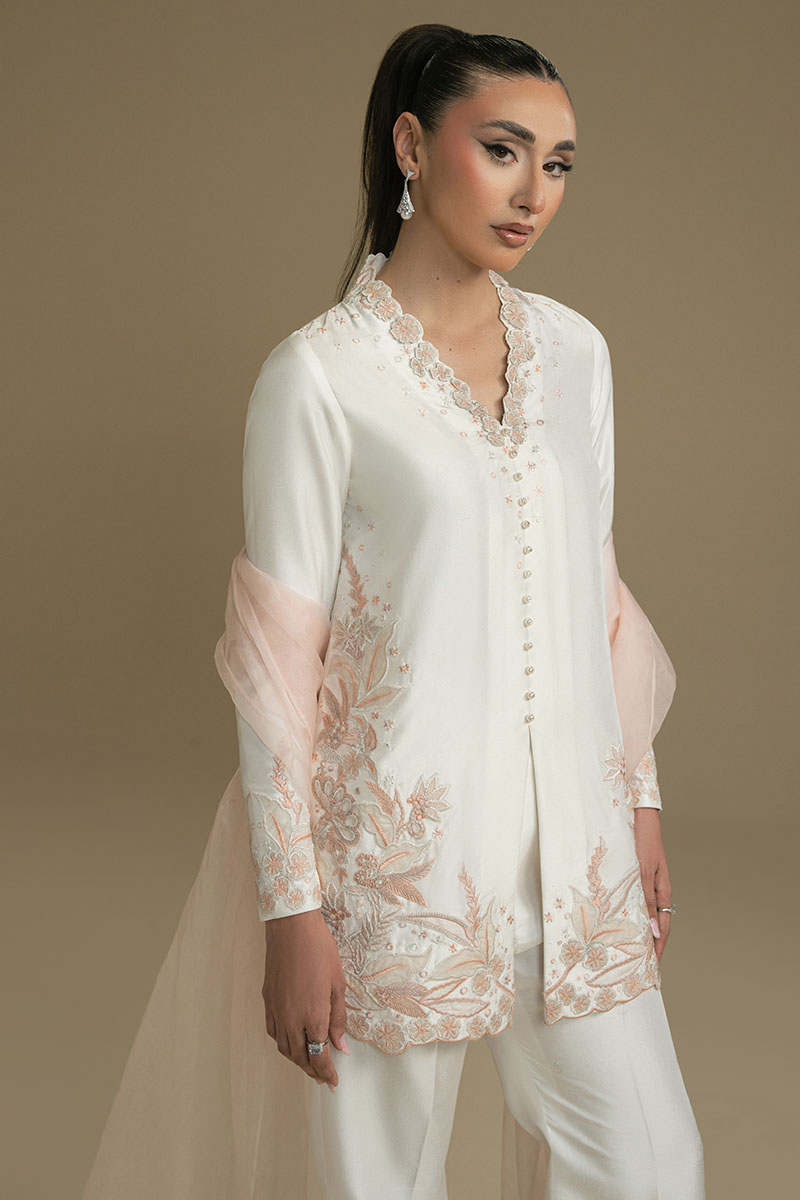 Pakistani White Embroidered Satin-Silk Salwar Kameez (3-Piece) - Image 7