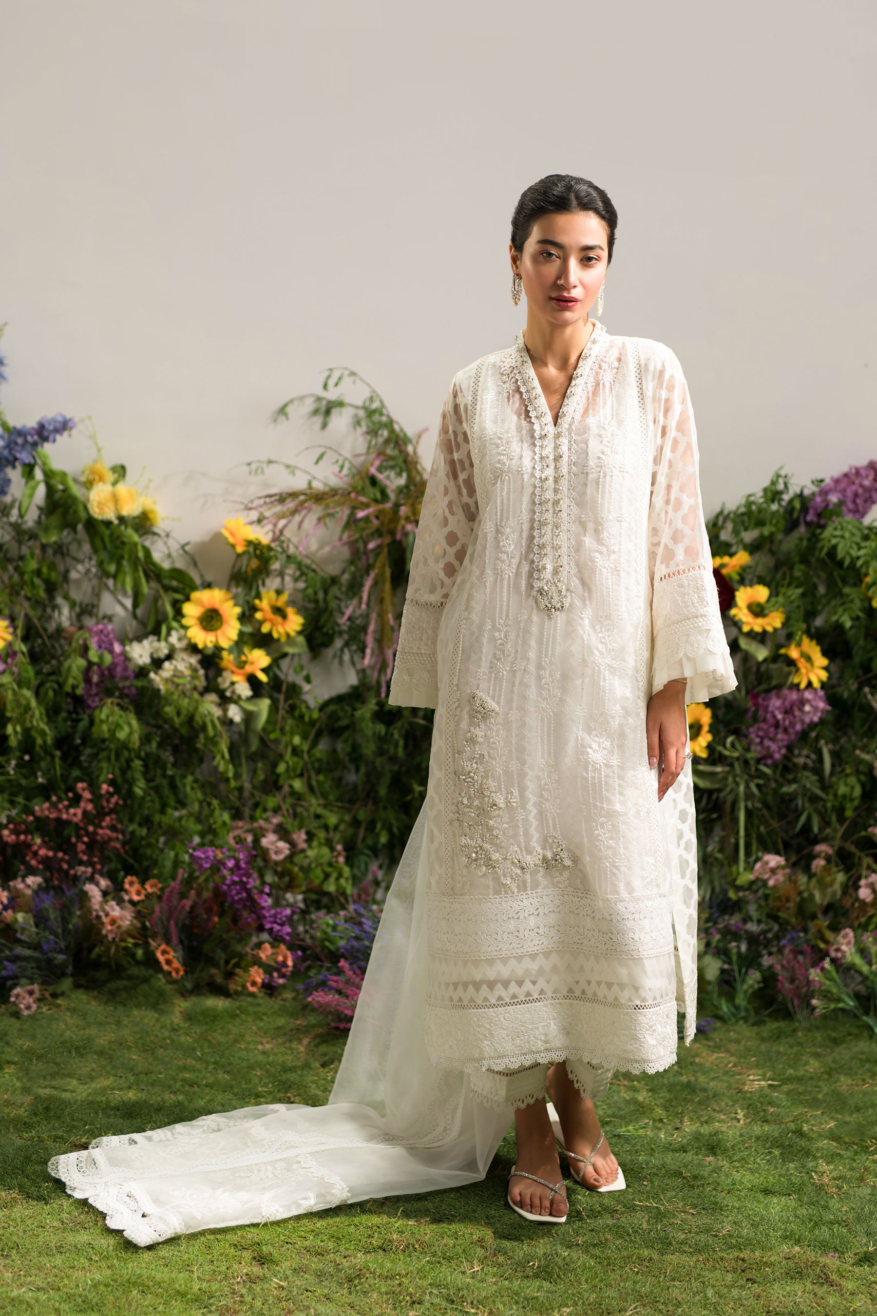 White Hand-Embellished Self-Organza Salwar Kameez (4-Piece) - Image 1