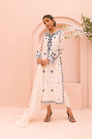 White Embroidered Self-Organza Salwar Kameez (3-Piece) - Image 1