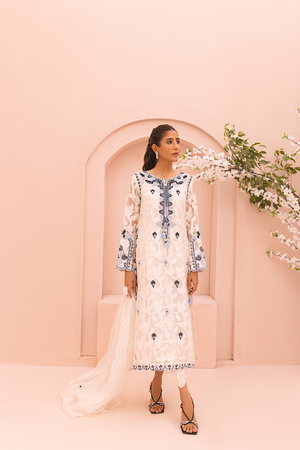 White Embroidered Self-Organza Salwar Kameez (3-Piece) - Image 3