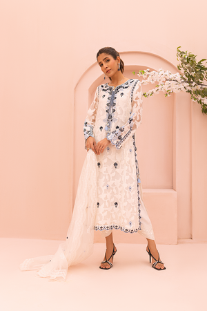 White Embroidered Self-Organza Salwar Kameez (3-Piece) - Image 5