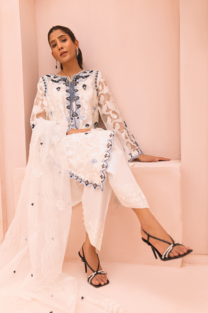 White Embroidered Self-Organza Salwar Kameez (3-Piece) - Image 7