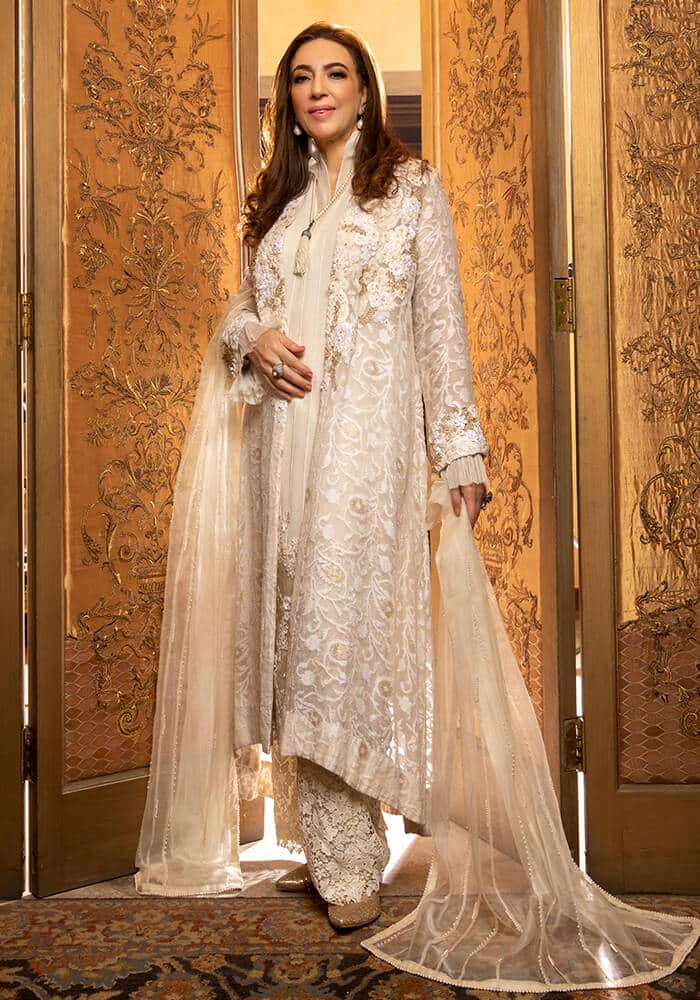 White Pearl & Crystal Self-Zari Cotton Net Jacket (3-Piece) - Image 1