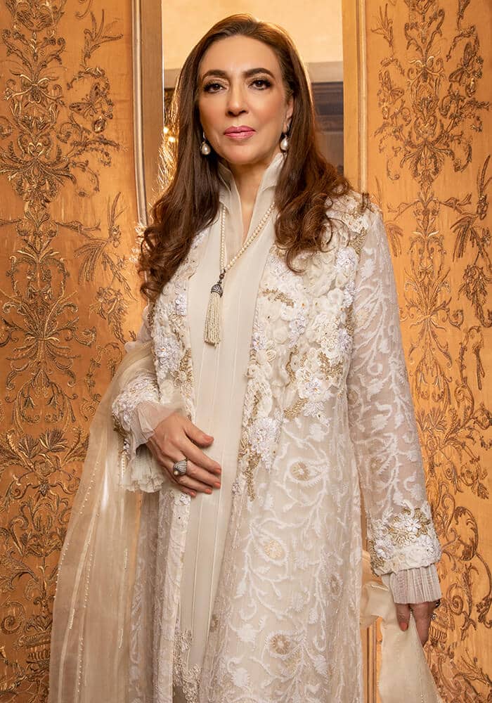 White Pearl & Crystal Self-Zari Cotton Net Jacket (3-Piece) - Image 3