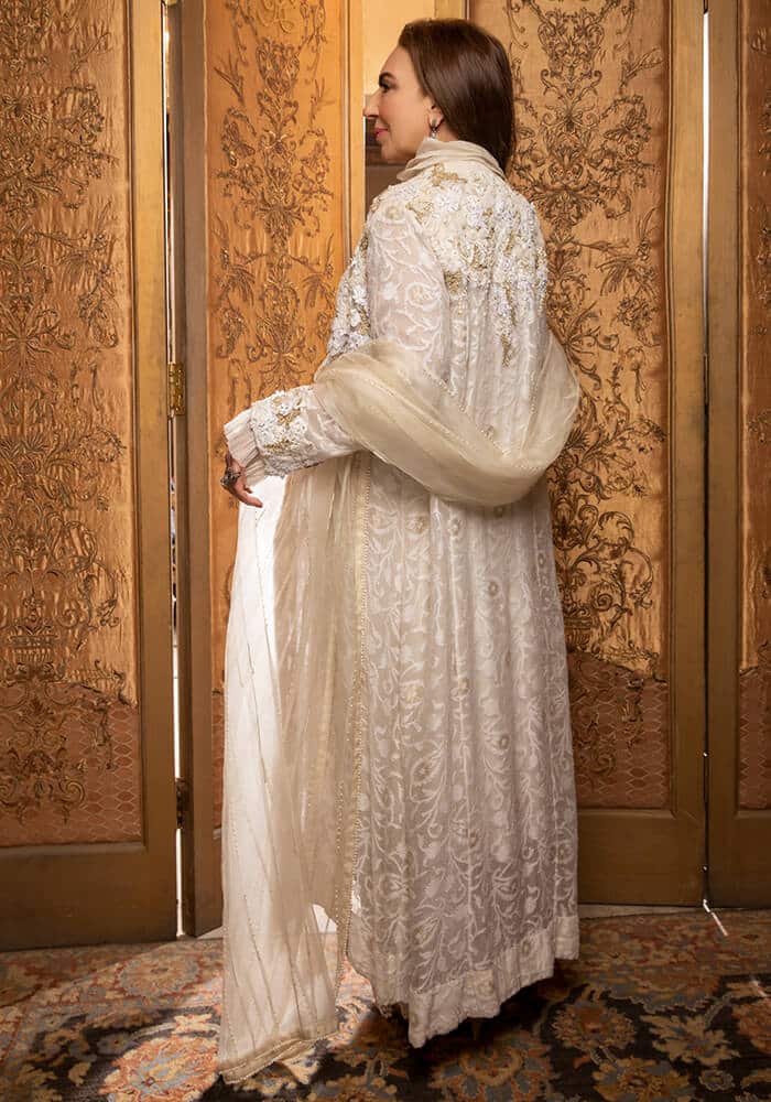 White Pearl & Crystal Self-Zari Cotton Net Jacket (3-Piece) - Image 4
