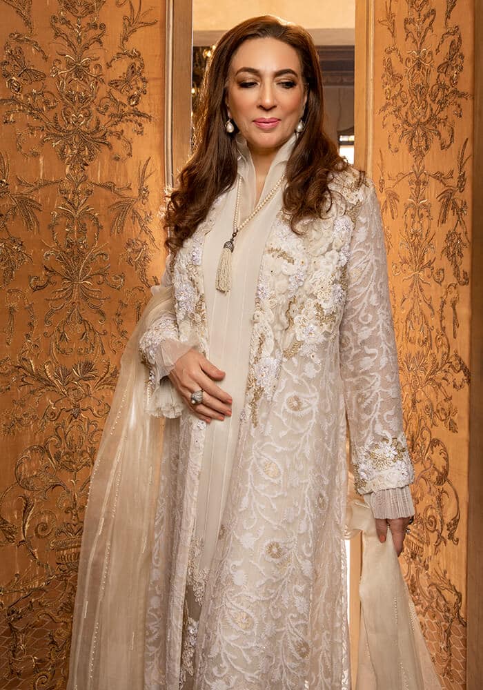 White Pearl & Crystal Self-Zari Cotton Net Jacket (3-Piece) - Image 5