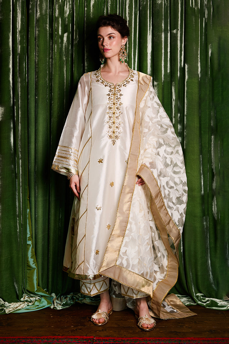 White Gold Embroidered Sheesha Silk Kurta Set (3-Piece) - Image 2