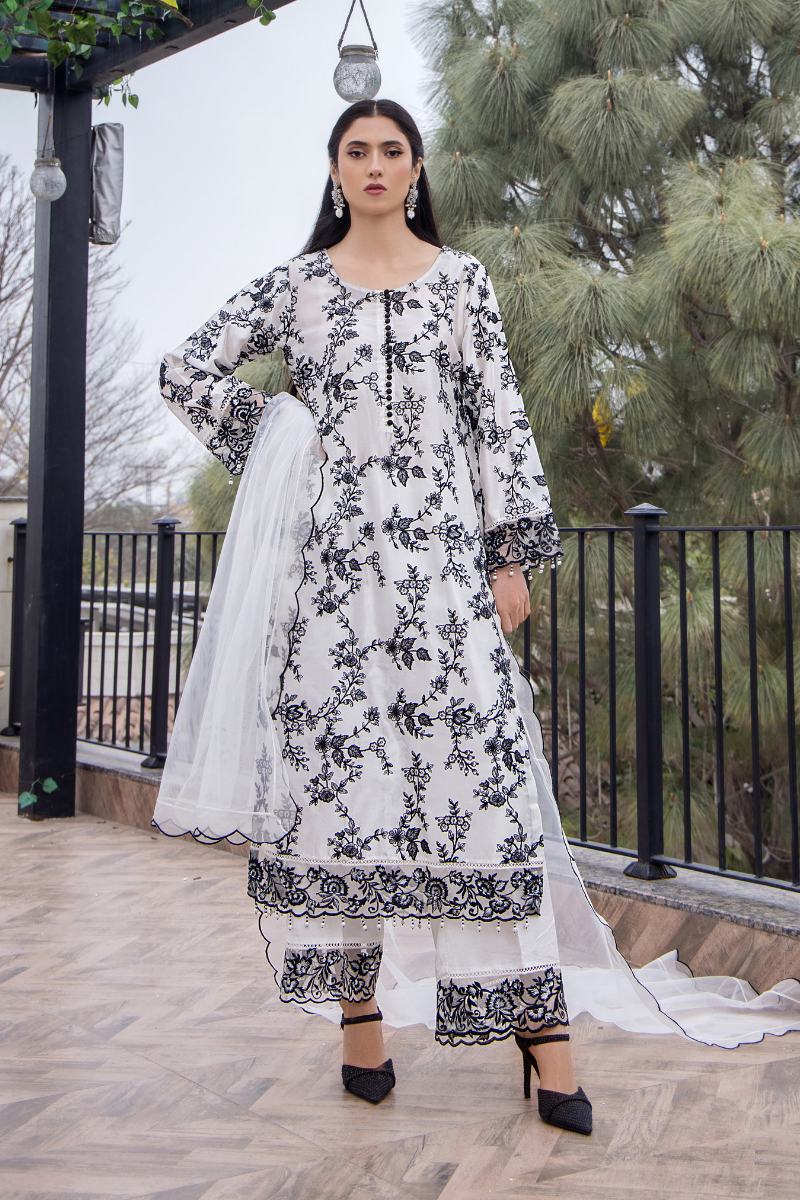 Pakistani Black and White Embroidered Pure Silk Salwar Kameez (3-Piece) - Image 1