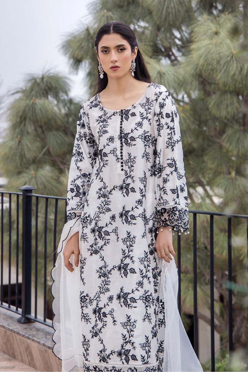 Pakistani Black and White Embroidered Pure Silk Salwar Kameez (3-Piece) - Image 4