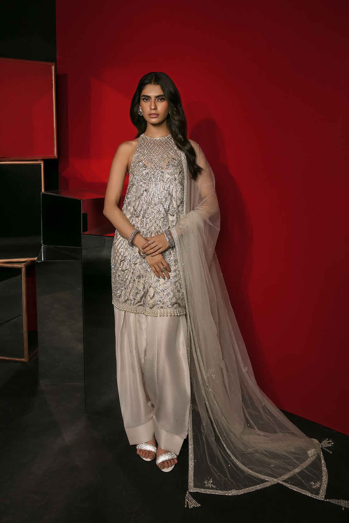 White Silver Pitta Work Silk Salwar Kameez (3-Piece) - Image 2