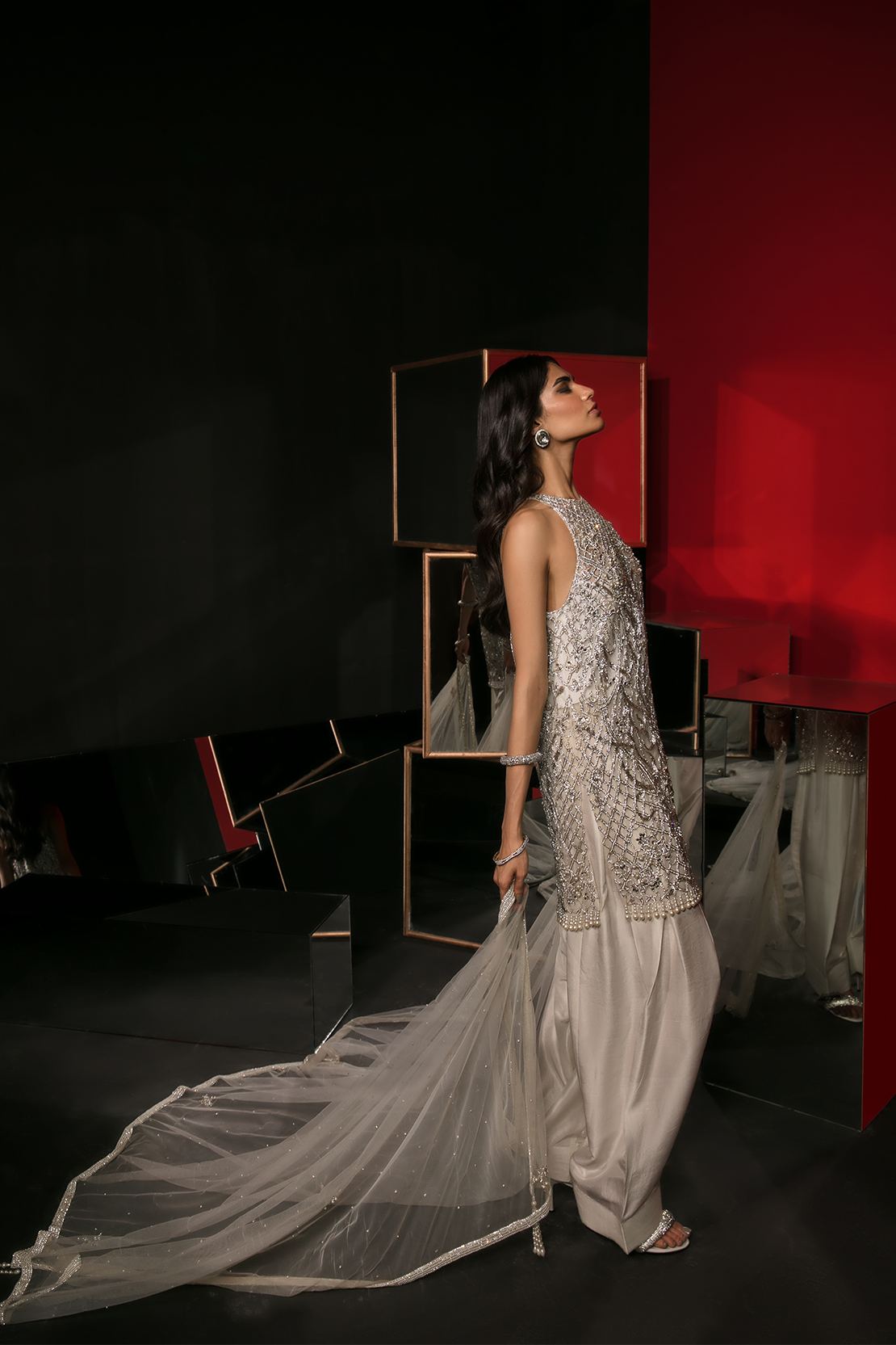 White Silver Pitta Work Silk Salwar Kameez (3-Piece) - Image 3