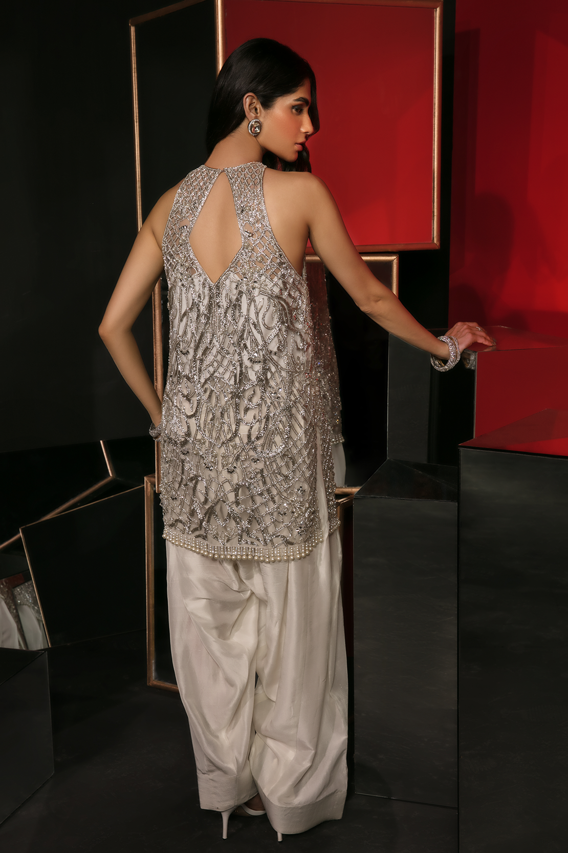 White Silver Pitta Work Silk Salwar Kameez (3-Piece) - Image 6