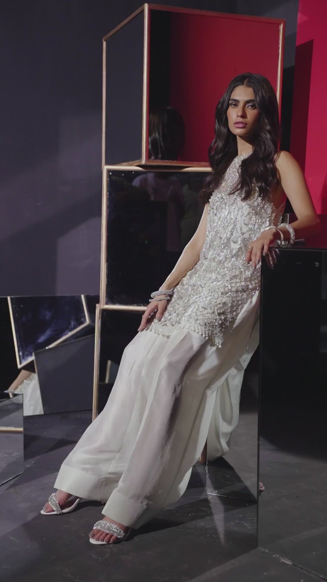 White Silver Pitta Work Silk Salwar Kameez (3-Piece) - Image 7