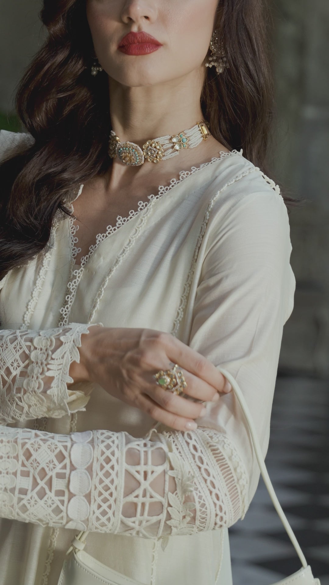 Pakistani White Lacework Pure Spench Silk Salwar Kameez (3-Piece) - Image 19