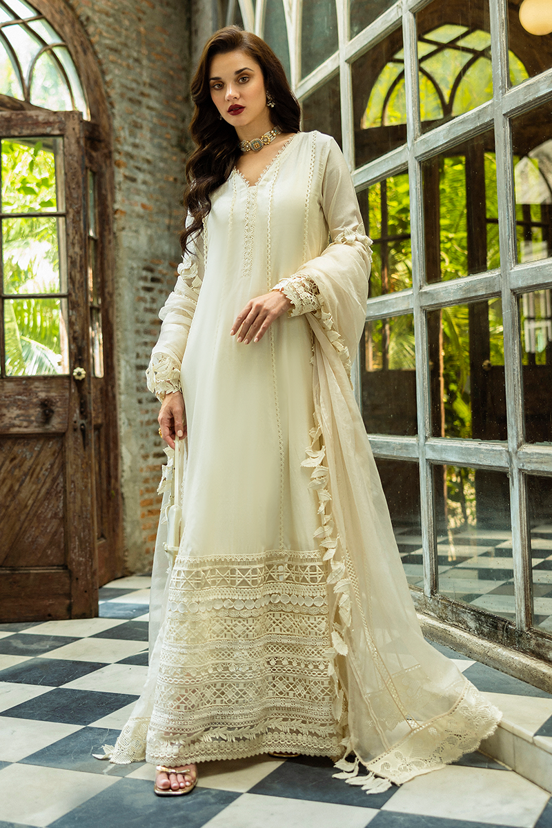 Pakistani White Lacework Pure Spench Silk Salwar Kameez (3-Piece) - Image 9