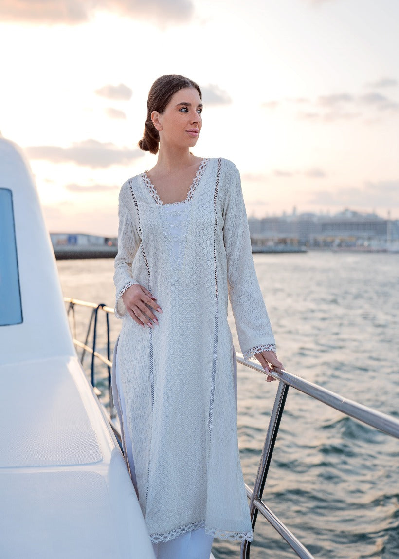 Pakistani White Thread Embroidered Long Kurta (2-Piece) - Image 1