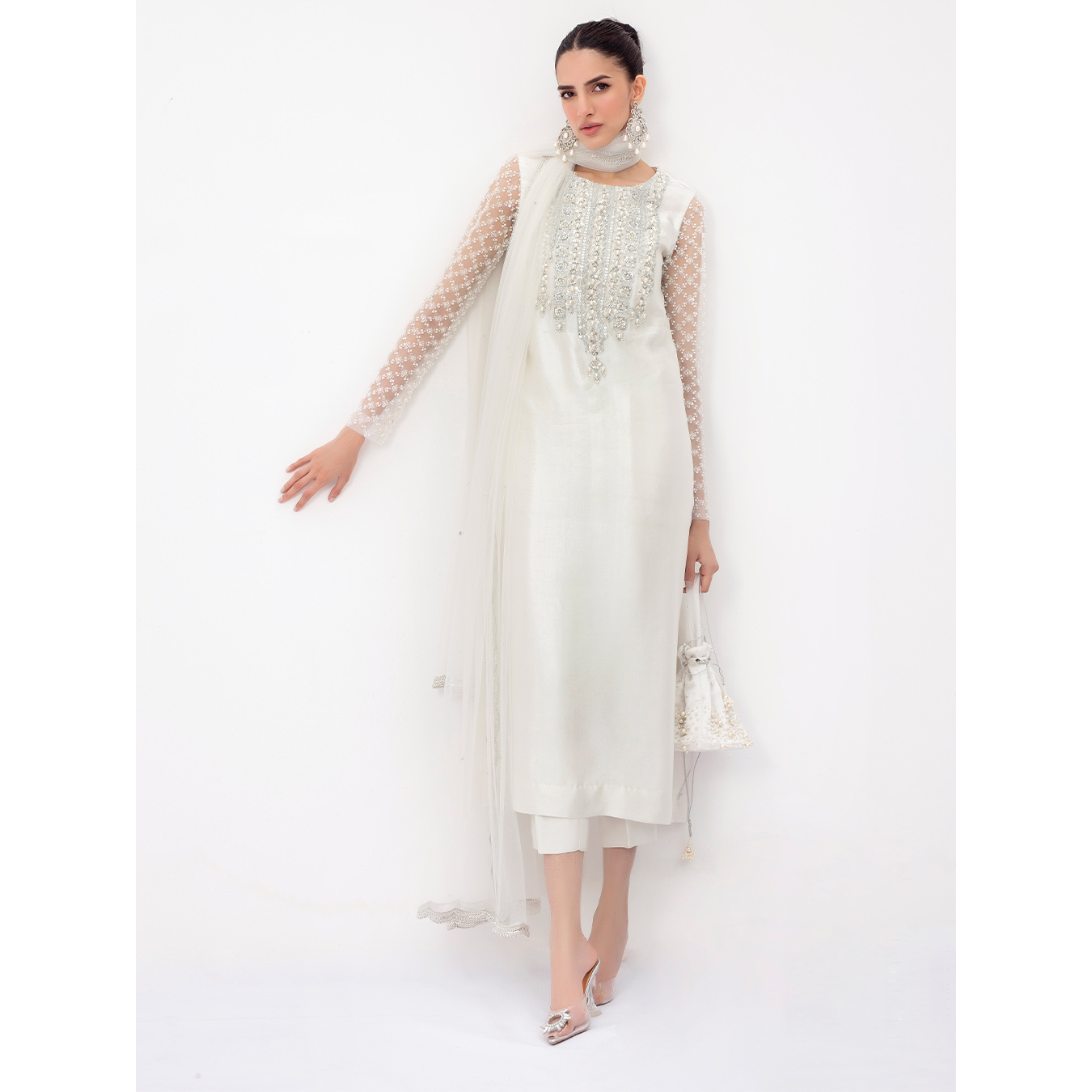 Pakistani Pearl White Swarovski Tissue Silk Straight Shirt (4-Piece) - Image 1