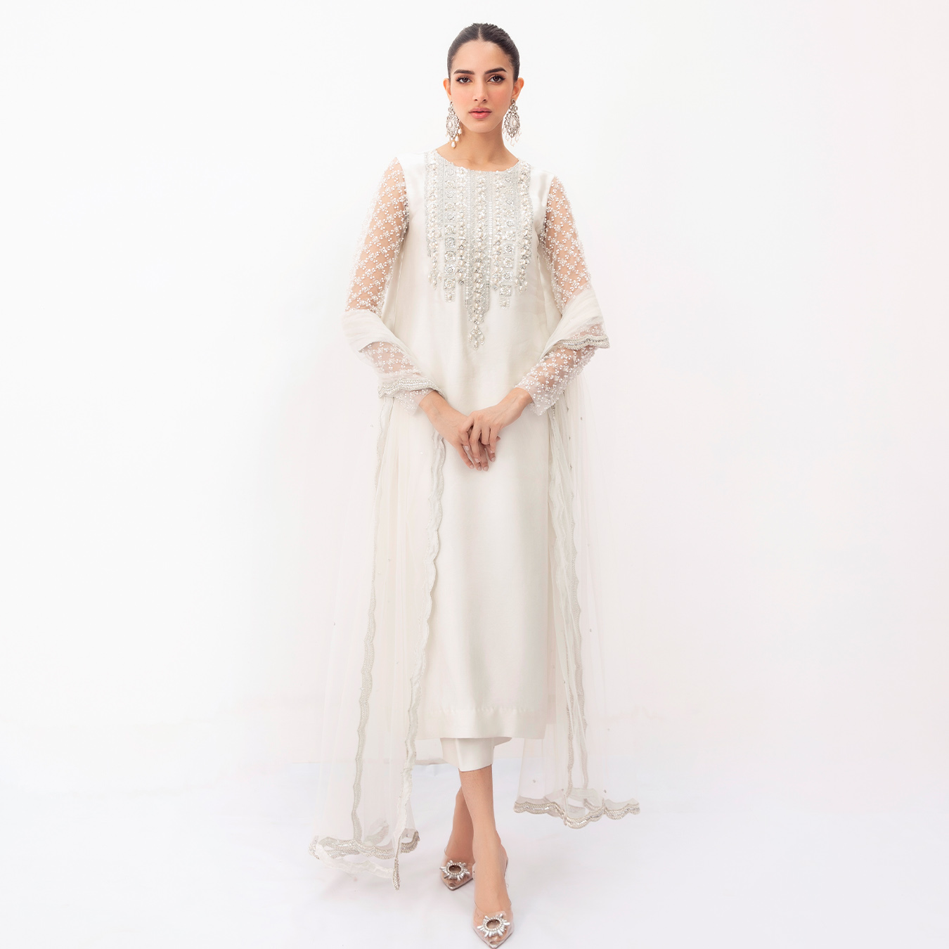 Pakistani Pearl White Swarovski Tissue Silk Straight Shirt (4-Piece) - Image 2