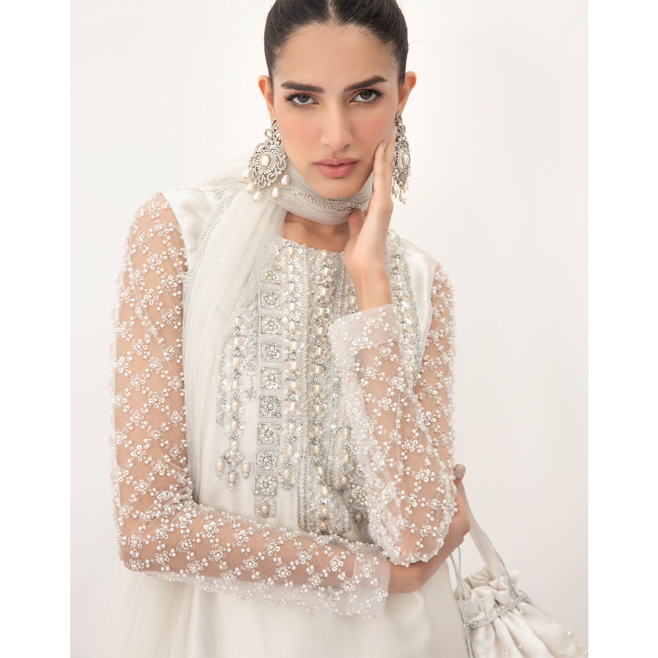 Pakistani Pearl White Swarovski Tissue Silk Straight Shirt (4-Piece) - Image 3