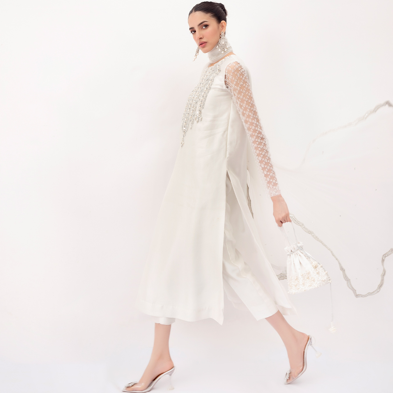 Pakistani Pearl White Swarovski Tissue Silk Straight Shirt (4-Piece) - Image 4