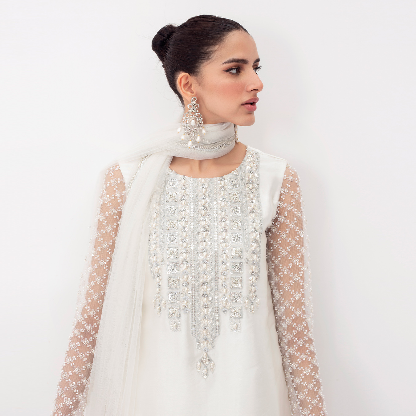 Pakistani Pearl White Swarovski Tissue Silk Straight Shirt (4-Piece) - Image 6