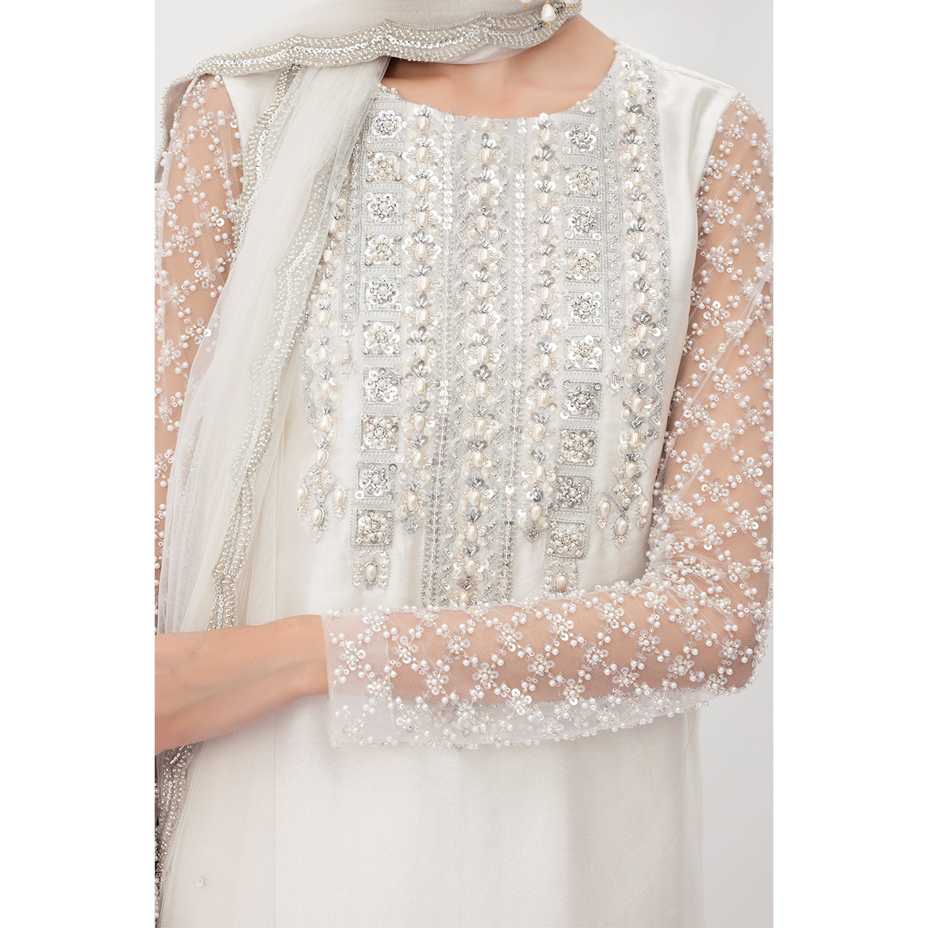 Pakistani Pearl White Swarovski Tissue Silk Straight Shirt (4-Piece) - Image 7