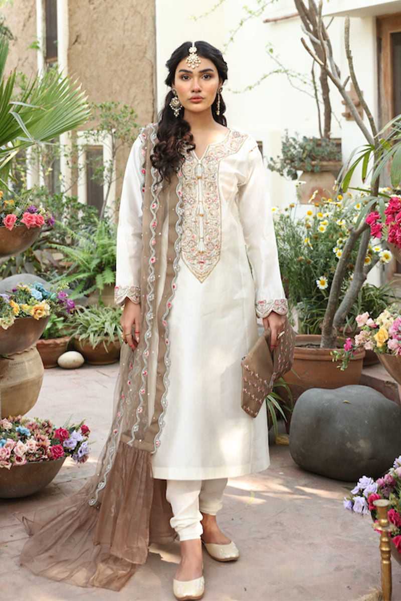 Pakistani White Zardozi Tissue Silk Salwar Kameez (3-Piece) - Image 1