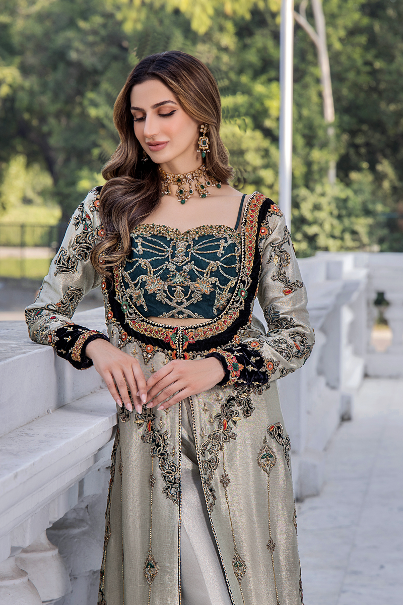 Pakistani White Teal Velvet Embellished Salwar Kameez (2-Piece) - Image 1