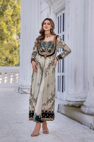 Pakistani White Teal Velvet Embellished Salwar Kameez (2-Piece) - Image 3