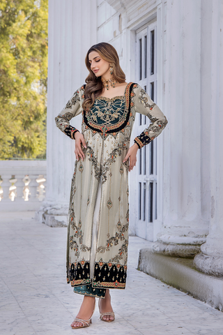 Pakistani White Teal Velvet Embellished Salwar Kameez (2-Piece) - Image 5