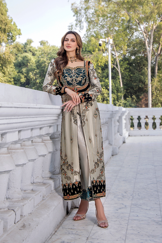 Pakistani White Teal Velvet Embellished Salwar Kameez (2-Piece) - Image 6