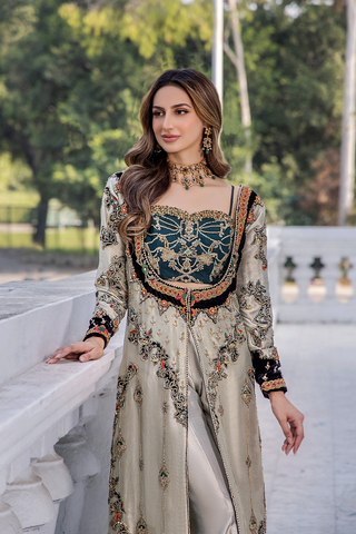 Pakistani White Teal Velvet Embellished Salwar Kameez (2-Piece) - Image 7