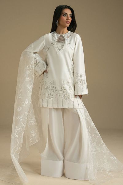 Pakistani White Embroidered Voile Short Shirt & Farshi Shalwar (3-Piece) - Image 1
