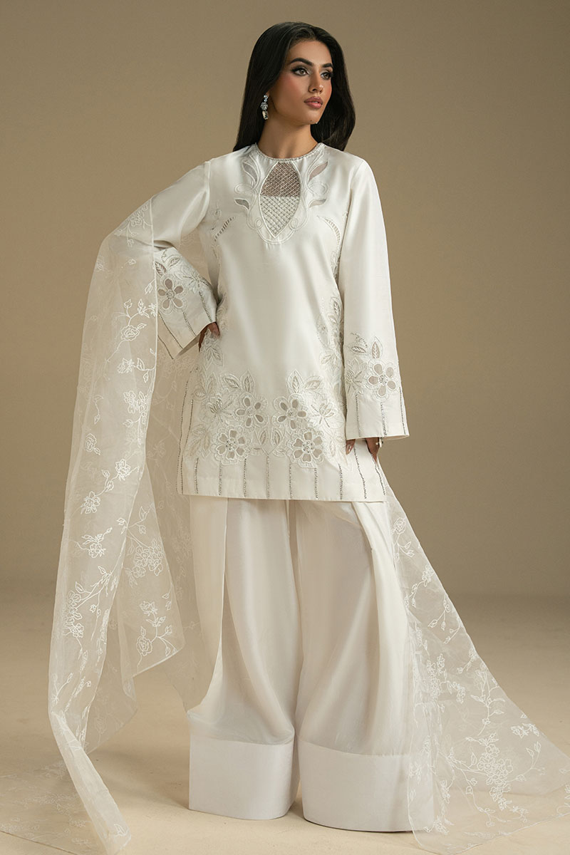 Pakistani White Embroidered Voile Short Shirt & Farshi Shalwar (3-Piece) - Image 2