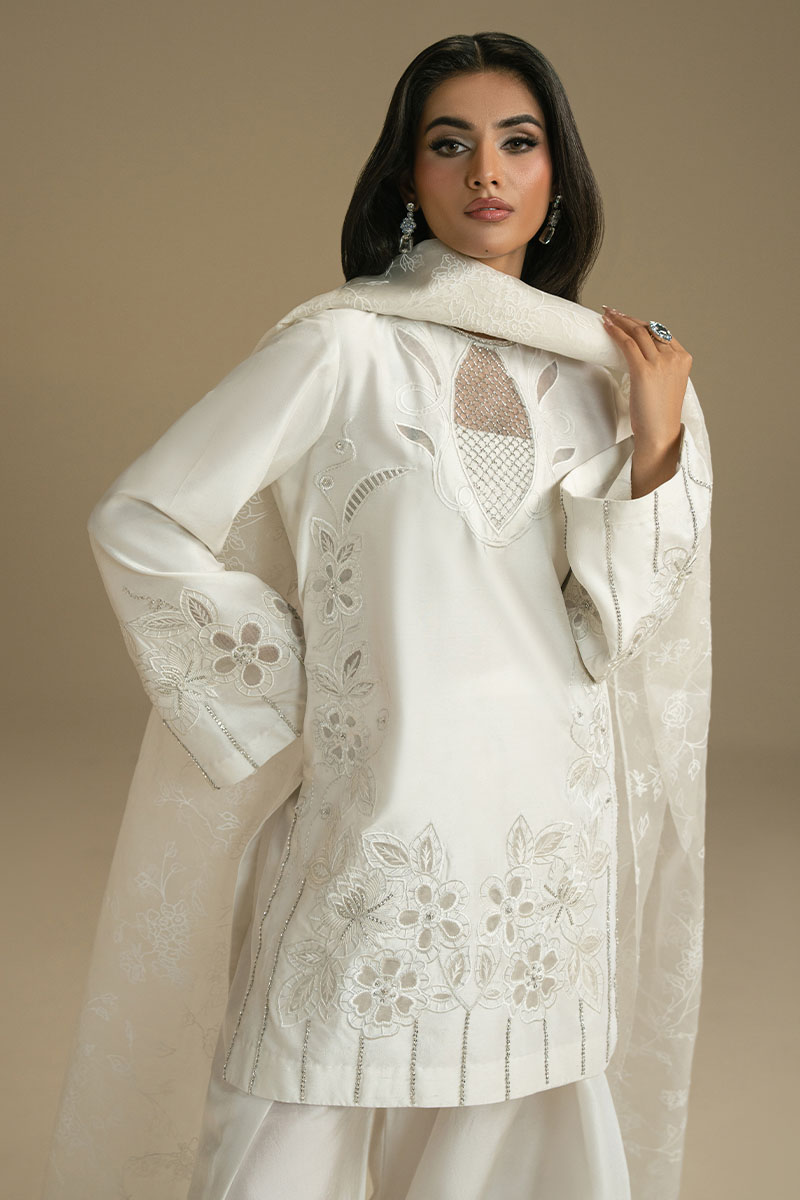 Pakistani White Embroidered Voile Short Shirt & Farshi Shalwar (3-Piece) - Image 3