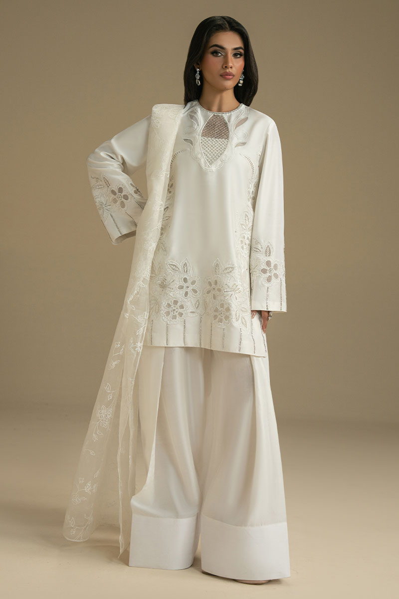 Pakistani White Embroidered Voile Short Shirt & Farshi Shalwar (3-Piece) - Image 4