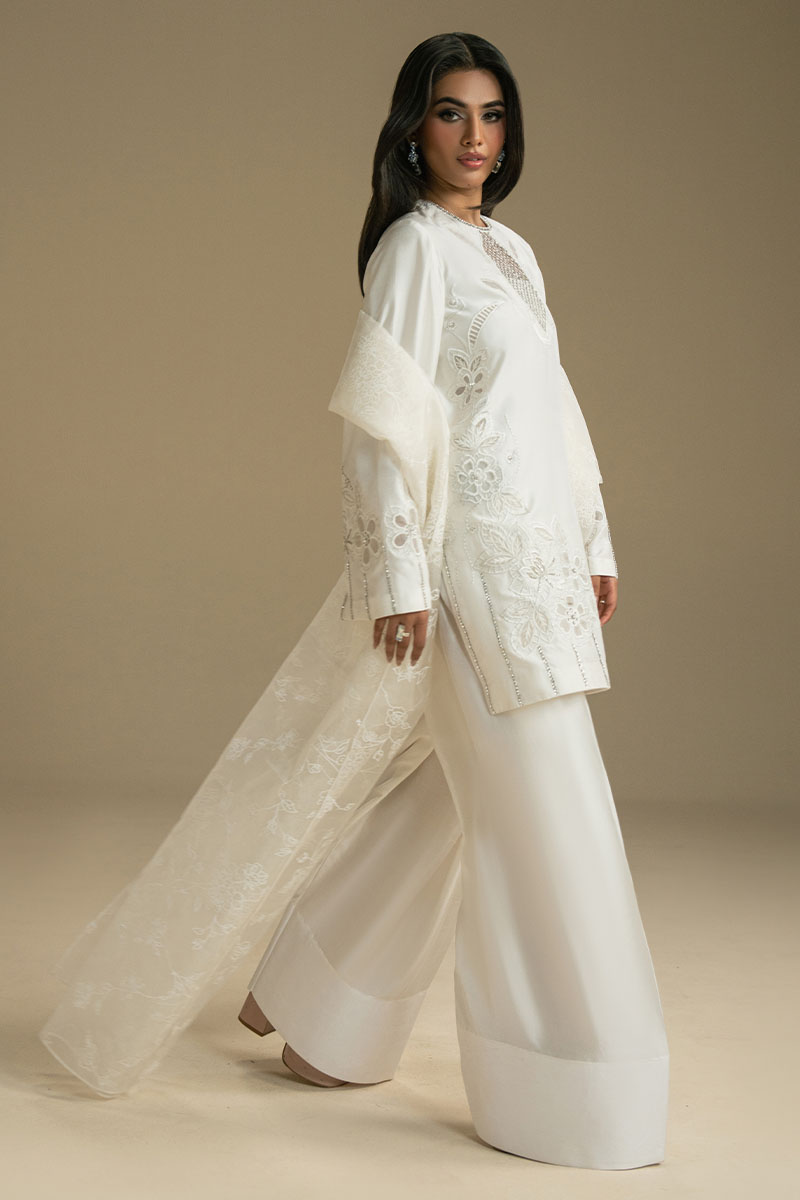 Pakistani White Embroidered Voile Short Shirt & Farshi Shalwar (3-Piece) - Image 7