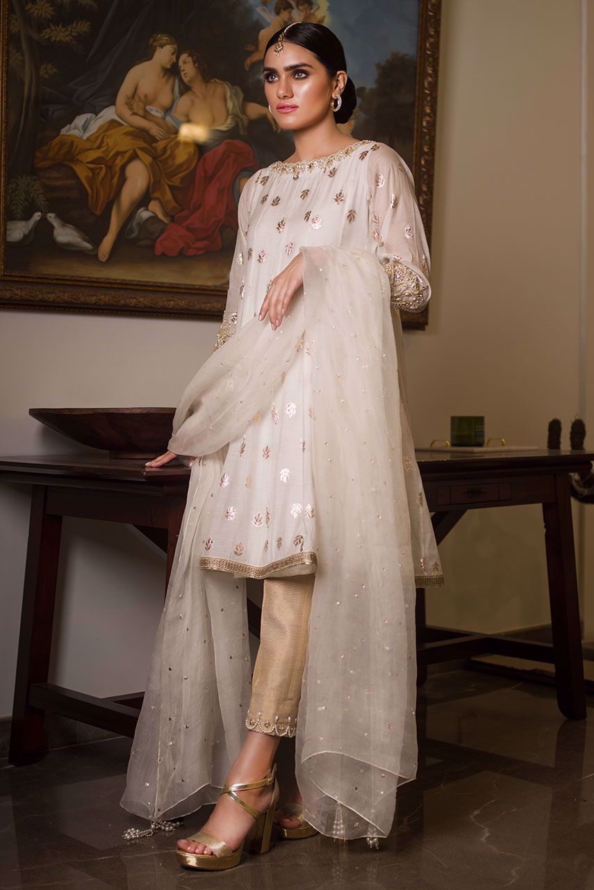 White Zari Jacquard Salwar Kameez (3-Piece) - Image 1