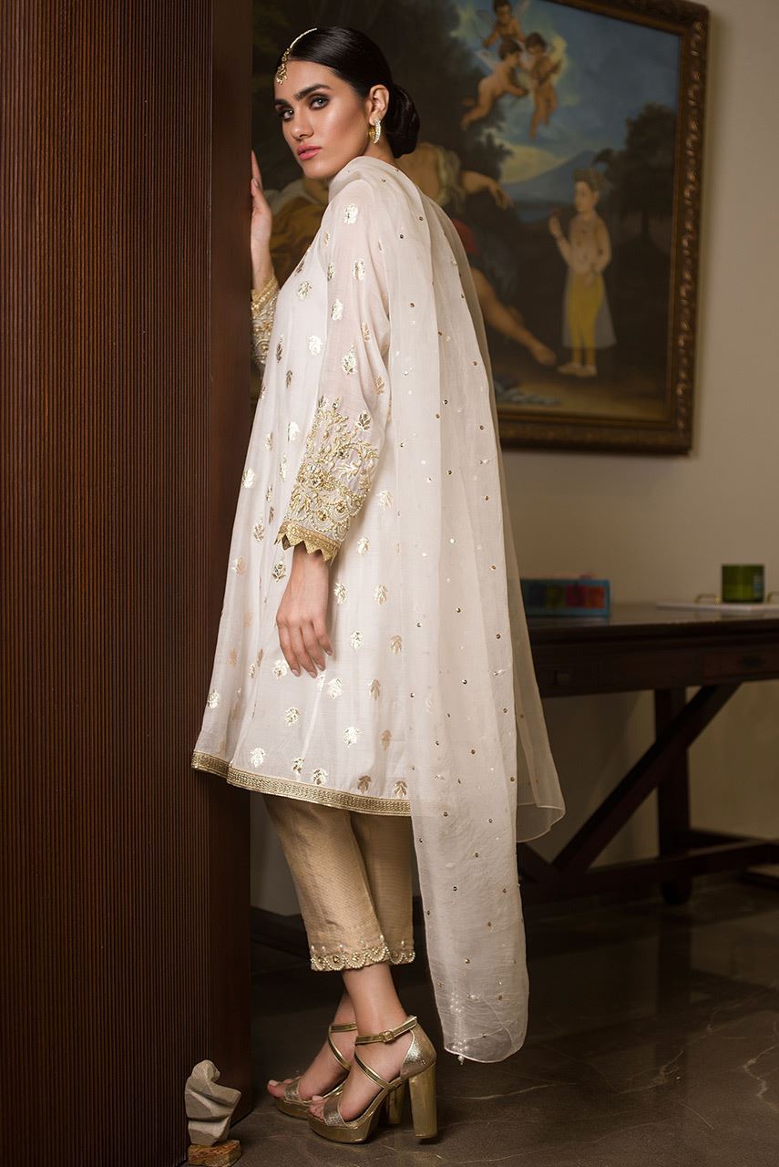White Zari Jacquard Salwar Kameez (3-Piece) - Image 3