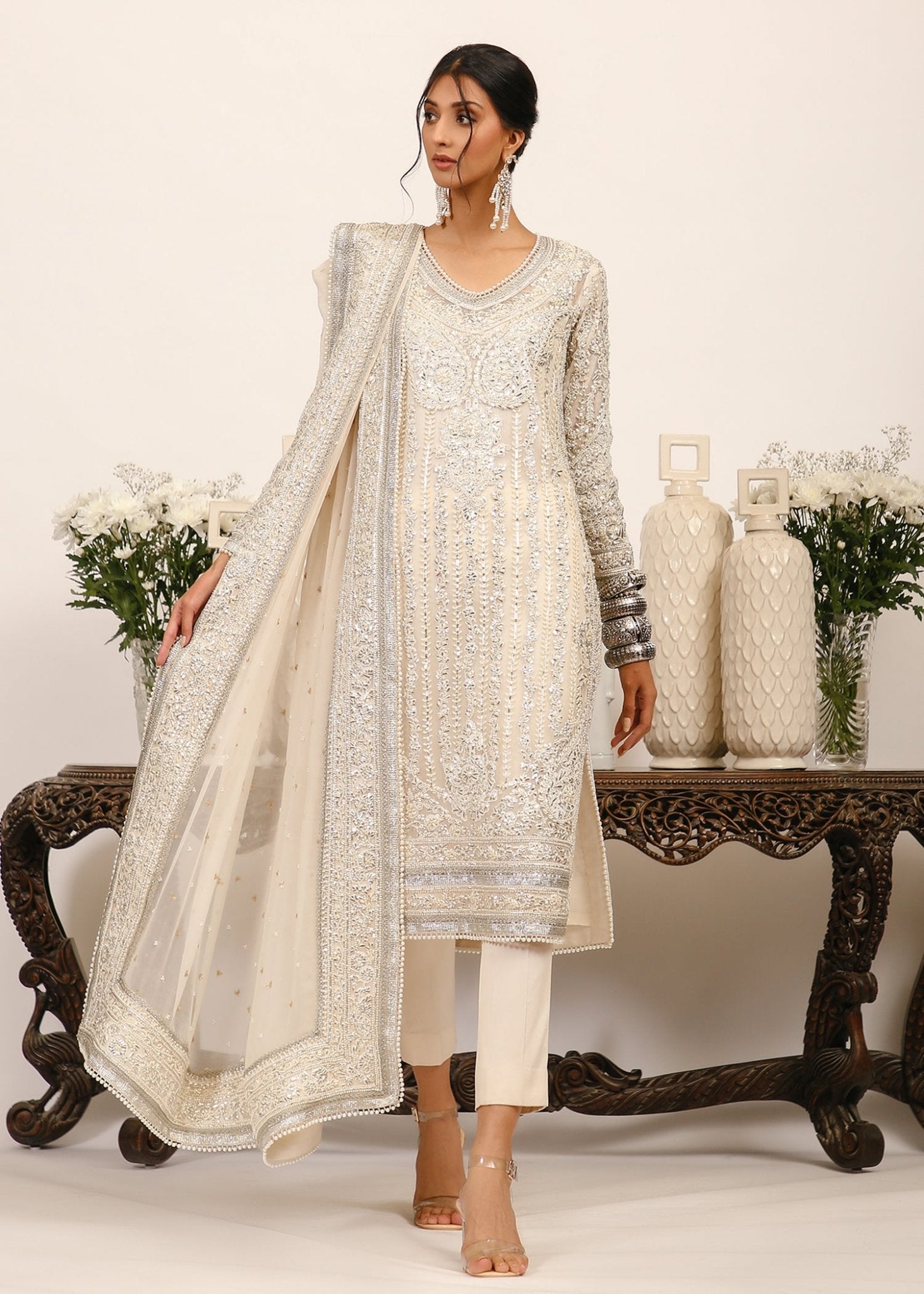 Pakistani White Gota Embroidered Zari Net Kurta Set (3-Piece) - Image 1