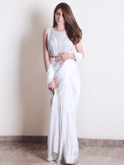 White Pearl & Crystal Mesh Saree (2-Piece) - Image 1