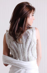 White Pearl & Crystal Mesh Saree (2-Piece) - Image 3